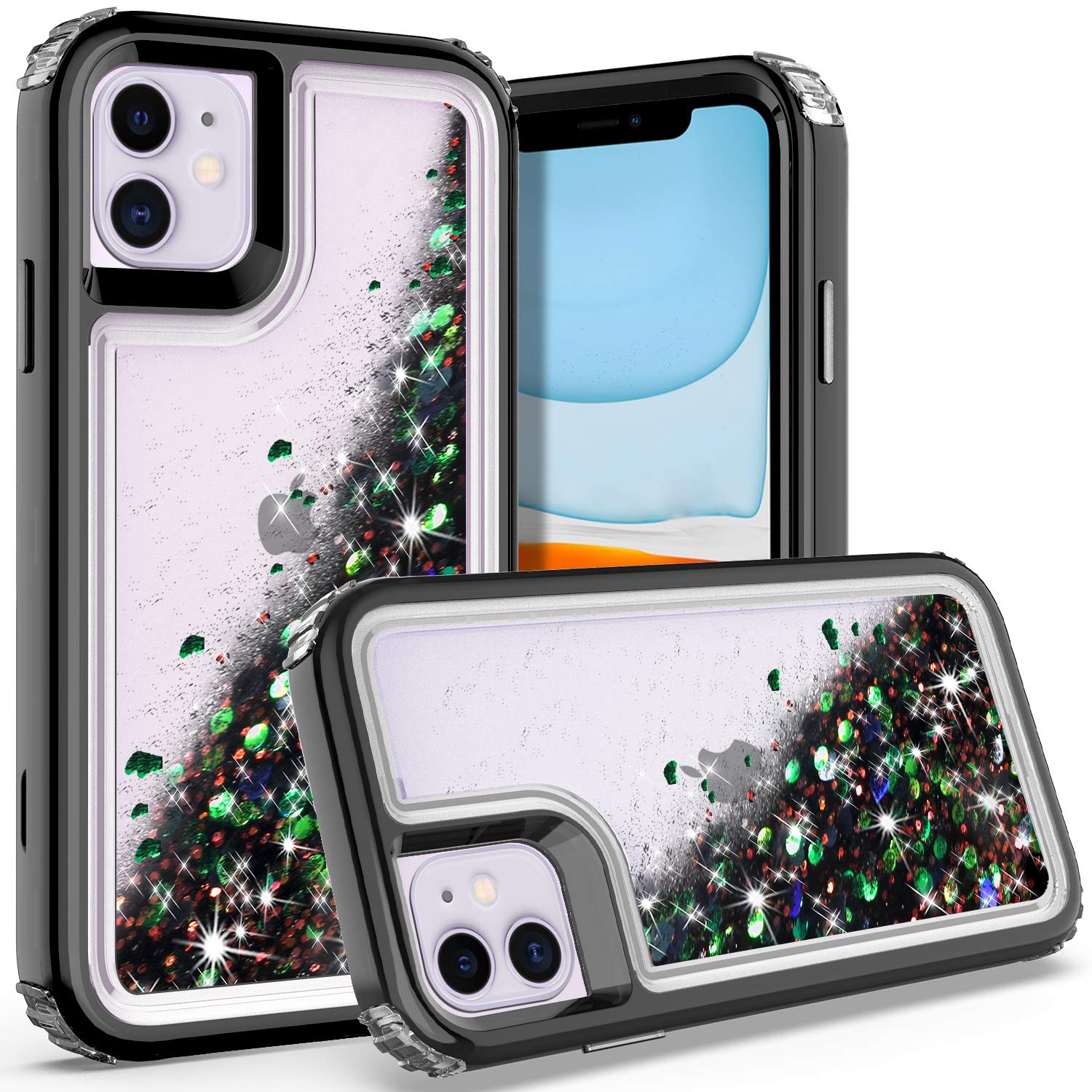 Wzoka For Iphone 11 Case, Unique Style Liquid Glitter Case, Iphone 11 6.1 Inch, 3 In 1 Hybrid Quicksand Sparkle Heavy Duty Case